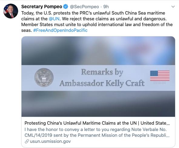 Dòng tweet của Ngoại trưởng Mỹ Mike Pompeo phản đối các yêu sách phi pháp và nguy hiểm của Trung Quốc ở Biển Đông. Ảnh chụp màn hình.