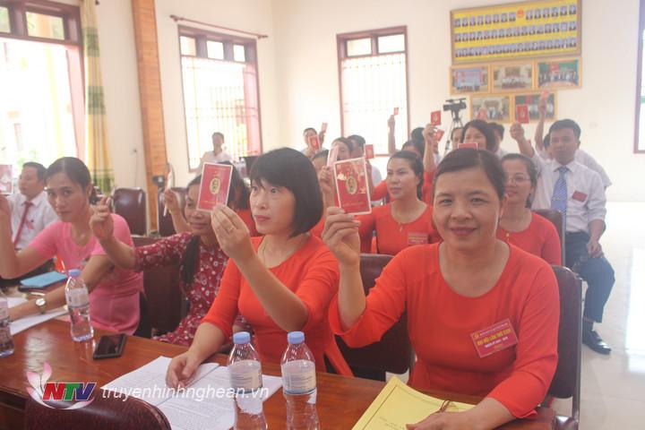 các Đảng viên biểu quyết thông qua các Nghị quyết Đại hội Đảng bộ xã Quỳnh Thanh nhiệm kỳ 2020-2025