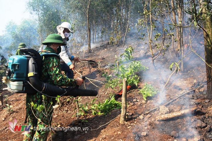 Bộ CHQS tỉnh điều động cán bộ, chiến sỹ Trung đoàn 764 tham gia giúp huyện Hưng Nguyên chữa cháy rừng
