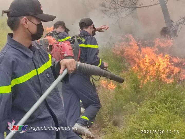 Lực lượng chữa cháy dùng các thiết bị chuyên dụng nhằm khống chế đám cháy tránh lây lan qua cánh rừng khác