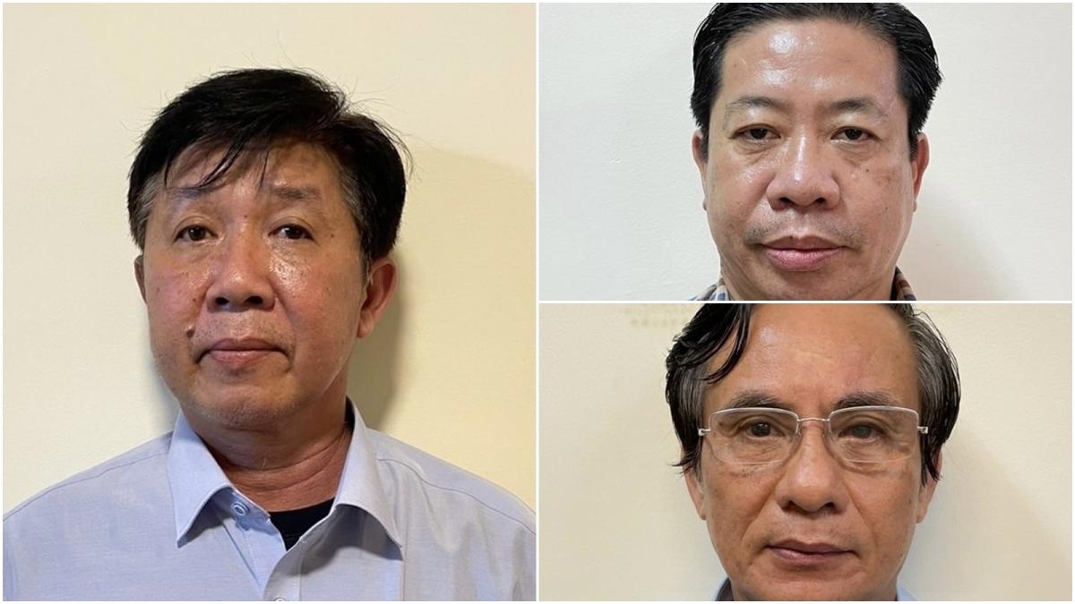 Bị can Nguyễn Thanh Trúc, Phó Chủ tịch UBND tỉnh Bình Dương (trái) và các đồng phạm. (Ảnh: BCA)