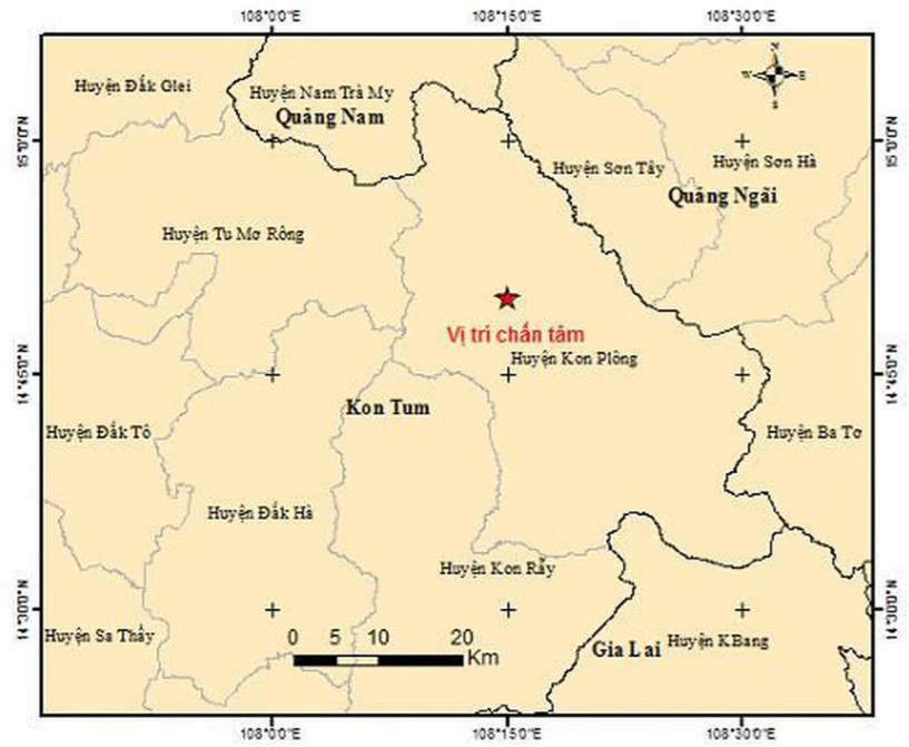 Tâm chấn (dấu sao) trận động đất mới nhất xảy ra ở Kon Tum.