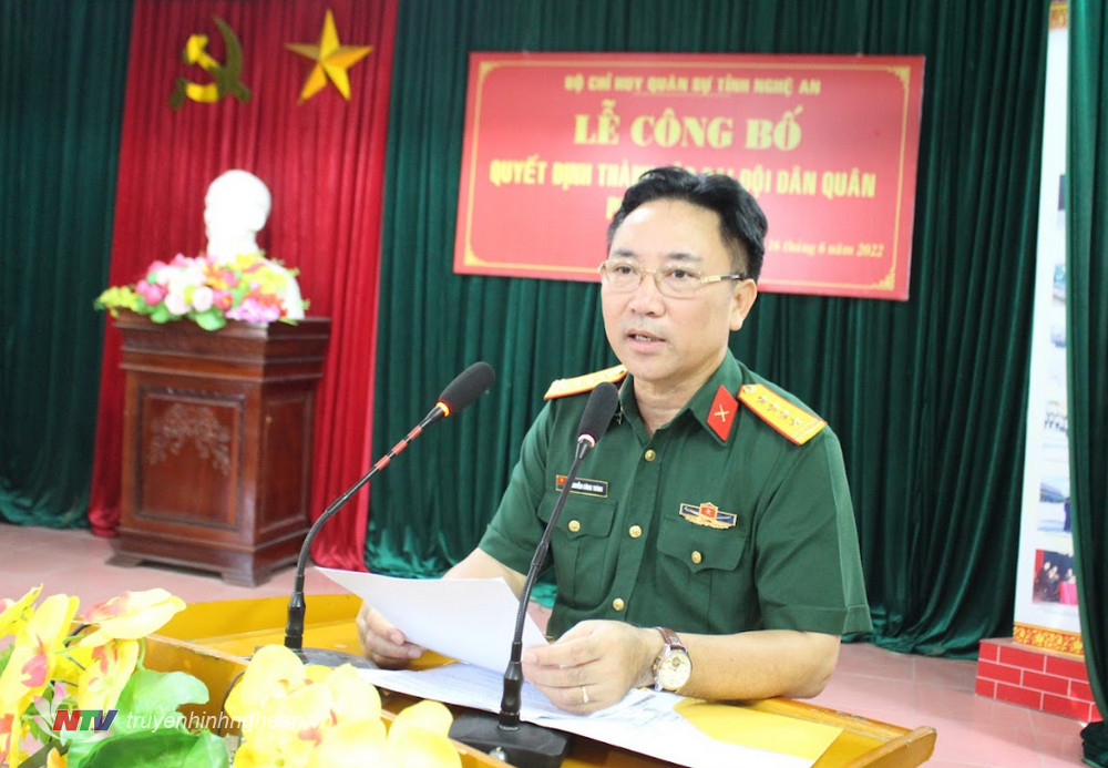 Đại tá Nguyễn Công Trình - Phó tham mưu trưởng, Bộ Chỉ huy Quân sự tỉnh phát biểu tại Lễ công bố