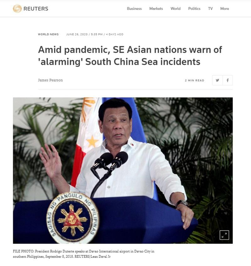 Bài viết của Reuters có hình ảnh Tổng thống Philippines Rodrigo Duterte. Ảnh: Reuters