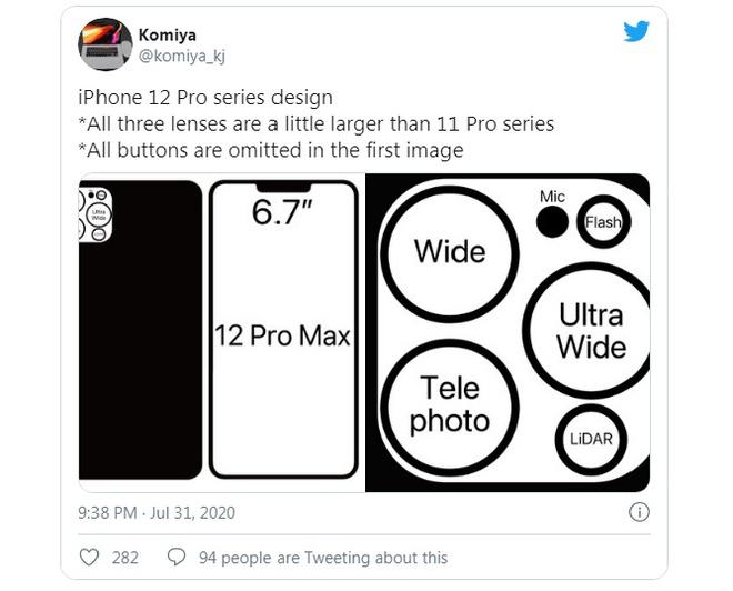 Chi tiết thiết kế của 2 mẫu iPhone 12 Pro và Pro Max được Komiya tiết lộ. Ảnh: Twitter.