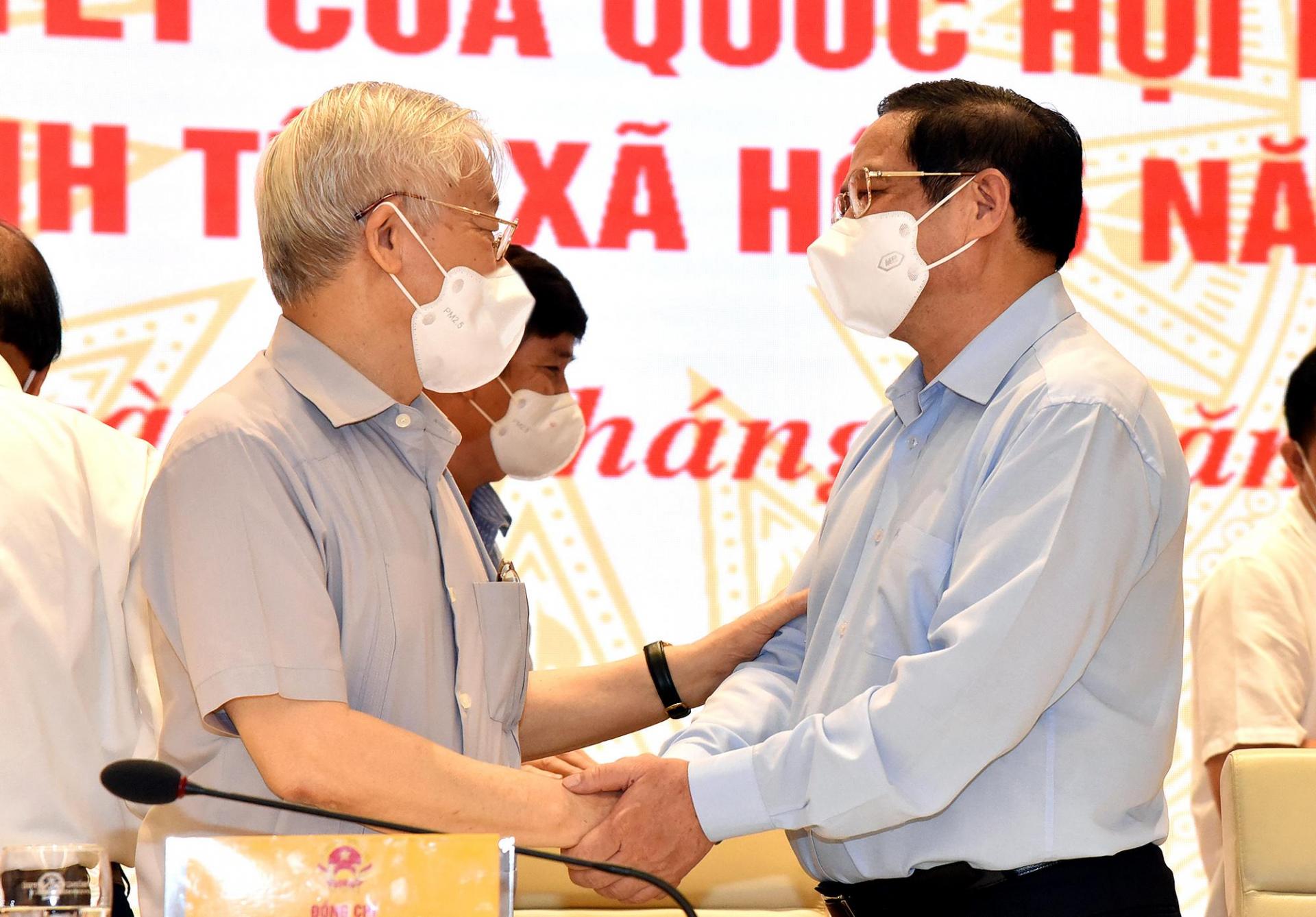 Tổng Bí thư Nguyễn Phú Trọng và Thủ tướng Chính phủ Phạm Minh Chính tại Hội nghị. 