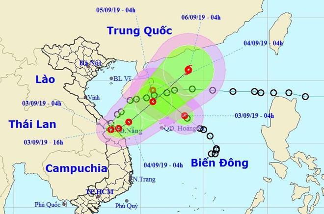 Dự báo hướng di chuyển của áp thấp nhiệt đới Kajiki và áp thấp nhiệt đới trên Biển Đông trong các ngày 3-4/9. Ảnh: NCHMF. 