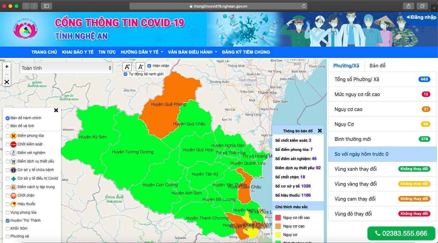 Giao diện Cổng thông tin Covid-19 tỉnh Nghệ An trên nền tảng Website.