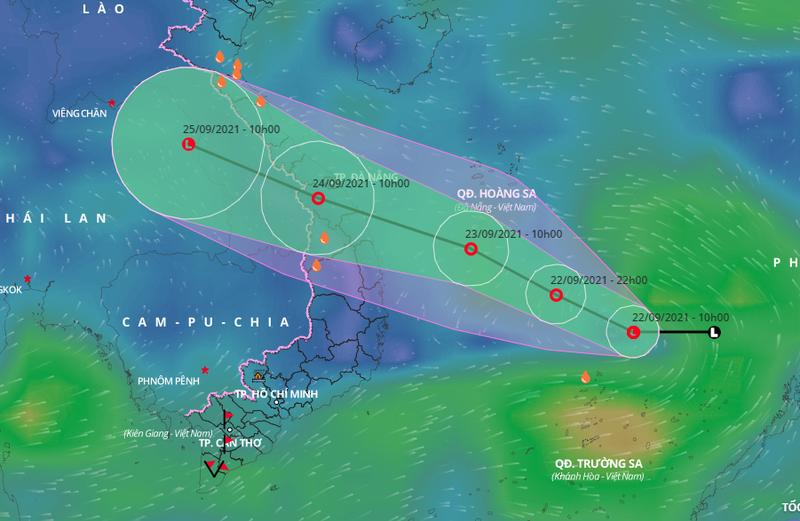 Sơ đồ dự báo vị trí và đường đi của vùng áp thấp có khả năng mạnh lên thành áp thấp nhiệt đới. Ảnh: VNDMS