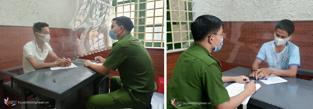 Đối tượng Phan Văn Trung (áo xanh) và đối tượng Phan Văn Hoá (áo trắng) tại cơ quan điều tra.