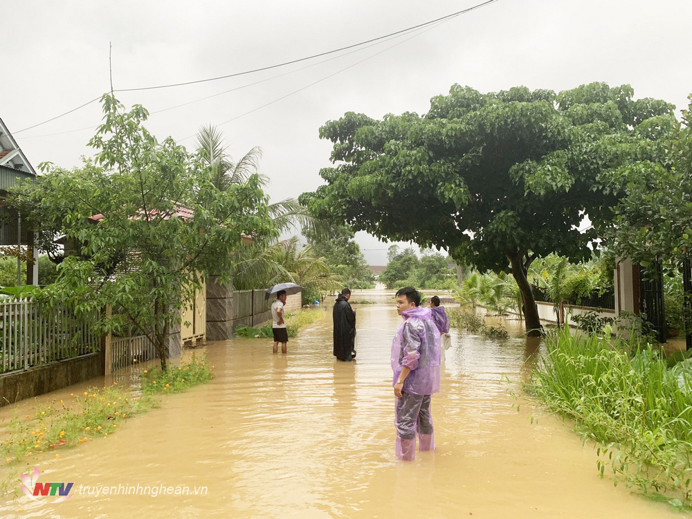 Nhiều tuyến đường ở xã Nghĩa Lộc đã bị ngập, nước tràn vào nhà dân.