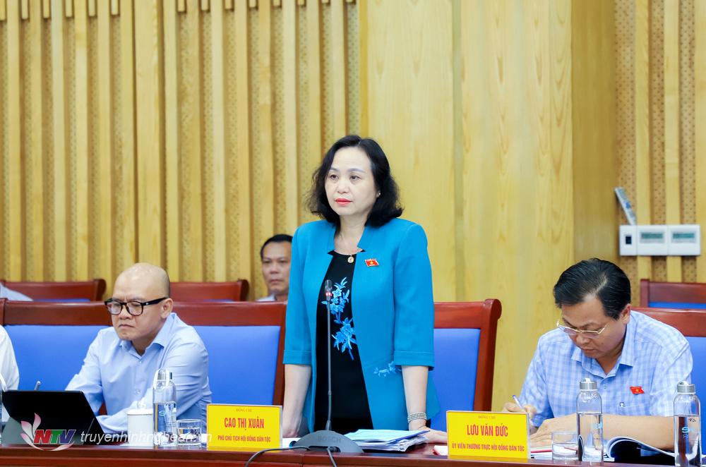 Đồng chí Cao Thị Xuân - Phó Chủ tịch Hội đồng Dân tộc của Quốc hội phát biểu kết luận tại cuộc làm việc. 