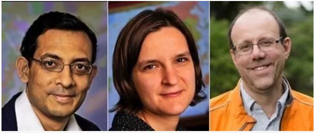 Ba nhà khoa học đạt giải Nobel Kinh tế 2019 (từ trái qua): ông Abhijit Banerjee, bà Esther Duflo và ông Michael Kremer.