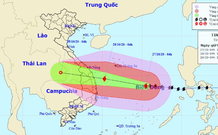 Bão số 9 gió giật mạnh cấp 17 đang áp sát bờ biển các Đà Nẵng - Phú Yên, có khả năng mạnh thêm. (Nguồn: TTDBKTTVQG)