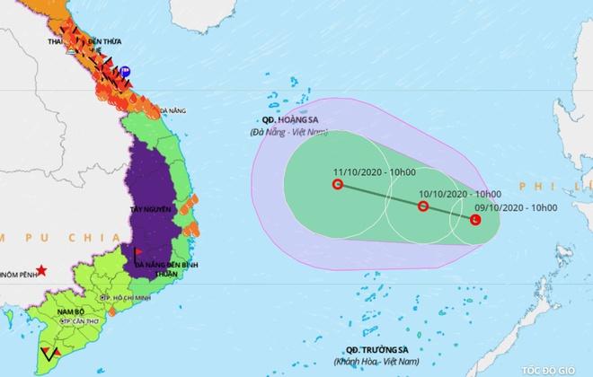 Dự báo đường đi của vùng áp thấp trên Biển Đông và các điểm đang xảy ra mưa lớn ở miền Trung. Ảnh: Hệ thống giám sát thiên tai.