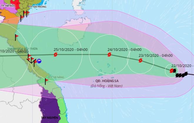 Đường đi của bão số 8 hướng vào các tỉnh từ Nghệ An đến Thừa Thiên - Huế. Ảnh: VNDMS.