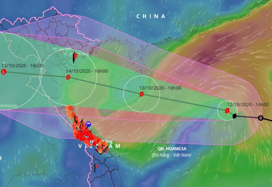 Diến biến đường đi của bão số 7 khả năng đổ bộ vào đất liền các tỉnh Bắc Trung Bộ trong ngày 15/10. Ảnh: Hệ thống giám sát thiên tai.