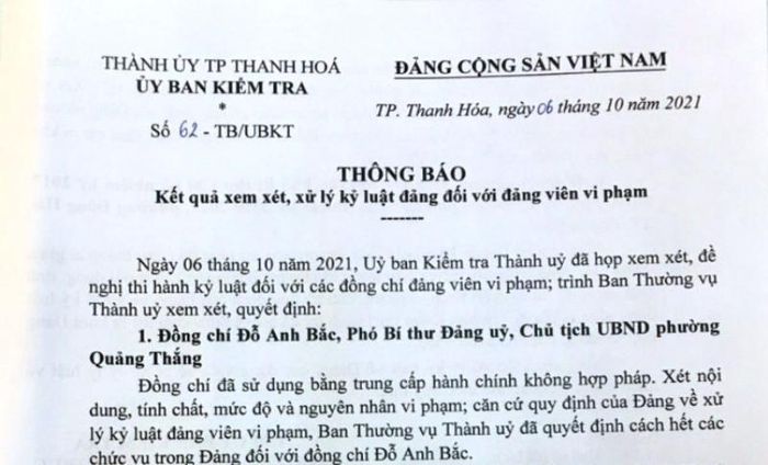 Thông báo xử lý Đảng viên vi phạm của Thành ủy TP Thanh Hóa.