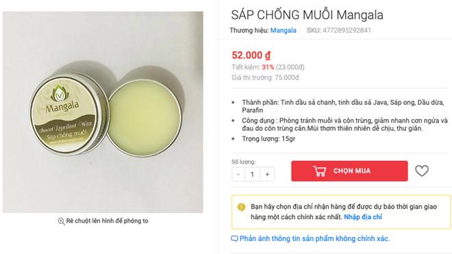 Sản phẩm sáp chống muỗi Mangala được bán trên một trang thương mại điện tử. (Ảnh chụp toàn màn hình)