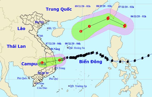 Vị trí và đường đi của áp thấp nhiệt đới và cơn bão Atsani. Ảnh: NCHMF