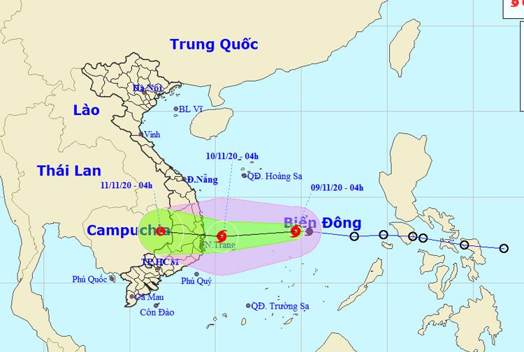 Vị trí và đường đi của bão số 12. (Cập nhật lúc 5 giờ ngày 9/11).Nguồn: NCHMF