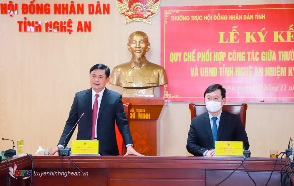Bí thư Tỉnh uỷ, Chủ tịch HĐND tỉnh Thái Thanh Quý phát biểu tại lễ ký kết.