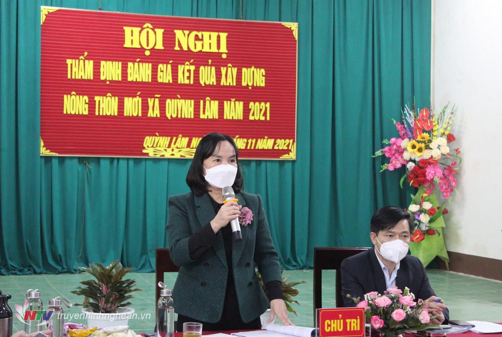 Đồng chí Võ Thị Nhung – Phó giám đốc Sở nông nghiệp và phát triển nông thôn tỉnh đánh giá cao những kết quả của xã Quỳnh Lâm đạt được trong xây dựng NTM