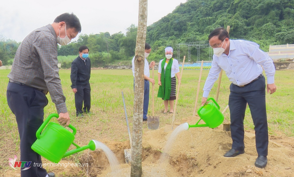 Đồng chí Ngọc Kim Nam trồng cây xanh tại sân vận động xã Tân Hợp