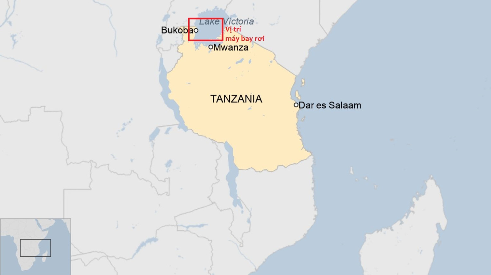 Vị trí máy bay rơi ở Tanzania. Ảnh: BBC.