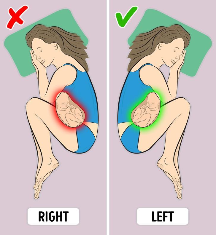 Những phụ nữ đang mang thai cần hết sức lưu ý tư thế ngủ của mình, để đảm bảo cho thai nhi khỏe mạnh và mẹ được thoải mái. Các bác sĩ khuyên phụ nữ mang thai nên ngủ nghiêng bên trái, bởi tư thế này giúp tăng lưu lượng máu và giúp cung cấp oxy tối đa cho cả mẹ và bé.