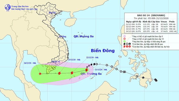 Vị trí và đường đi của áp thấp vào lúc 5 giờ ngày 21/12. Ảnh: NCHMF