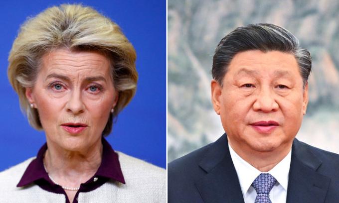 Chủ tịch Ủy ban châu Âu Ursula von der Leyen (trái) và Chủ tịch Trung Quốc Tập Cận Bình. Ảnh: AFP/Xinhua.
