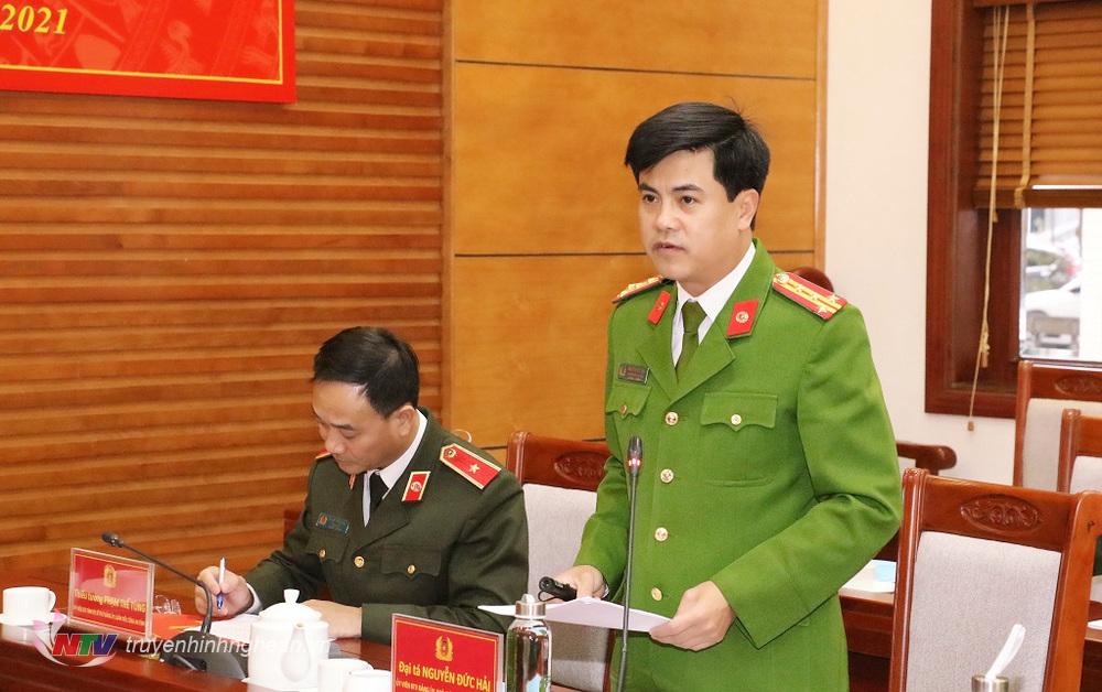 Đại tá Nguyễn Đức Hải, Phó Giám đốc Công an tỉnh phát biểu tại buổi làm việc