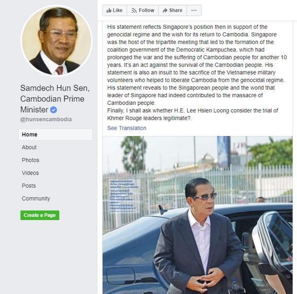 Ảnh chụp màn hình Facebook của Thủ tướng Campuchia Hun Sen.