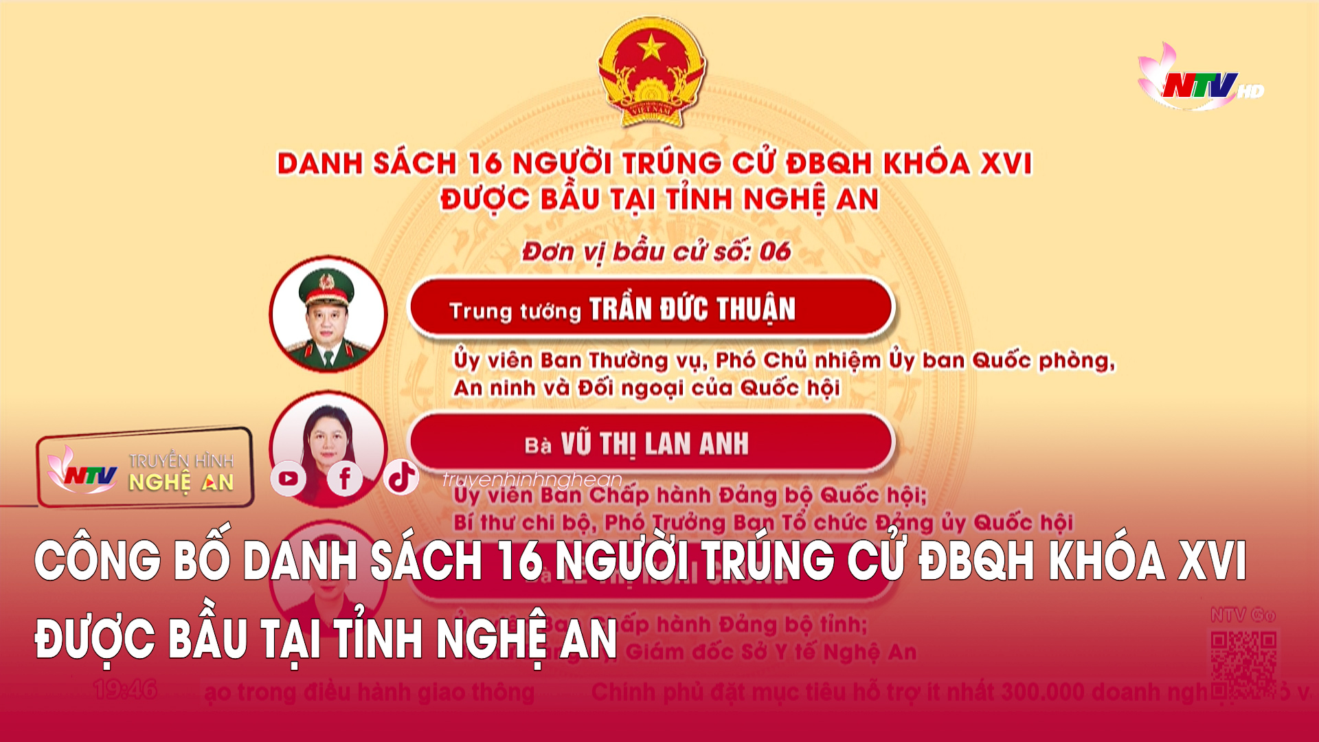 Công bố danh sách 16 người trúng cử ĐBQH khóa XVI được bầu tại tỉnh Nghệ An