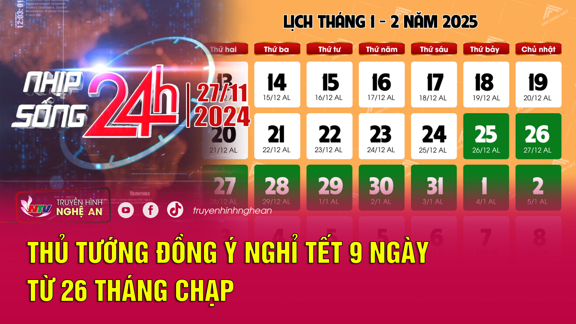 Bản tin Nhịp sống 24h - 27/11/2024: Thủ tướng đồng ý nghỉ Tết 9 ngày từ 26 tháng chạp